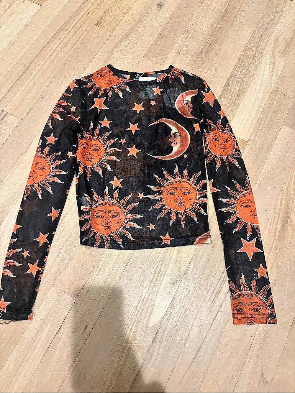 Long Sleeve Sun & Moon mesh Top in Black & Orange Size Small
